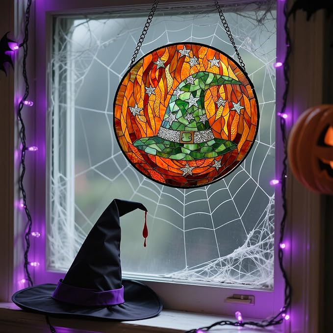 Stained Glass Window Hanging - Halloween Decorations Witch Hat Suncatcher for Doors Garden Indoor Spooky Funny Green Sun Catchers Gothic Decor Horror Gifts for Women Men Friend 6.3 in