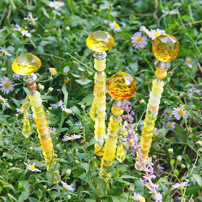 Exway 100 PCS DIY Fairy Wand Beaded Garden Stake Beads Kits with Yellow Large Hole Beads 4 Crystal Stopper Top Threaded Rods and 4 Yellow Sparkling Crystal Pendants for Outdoor Indoor Decor