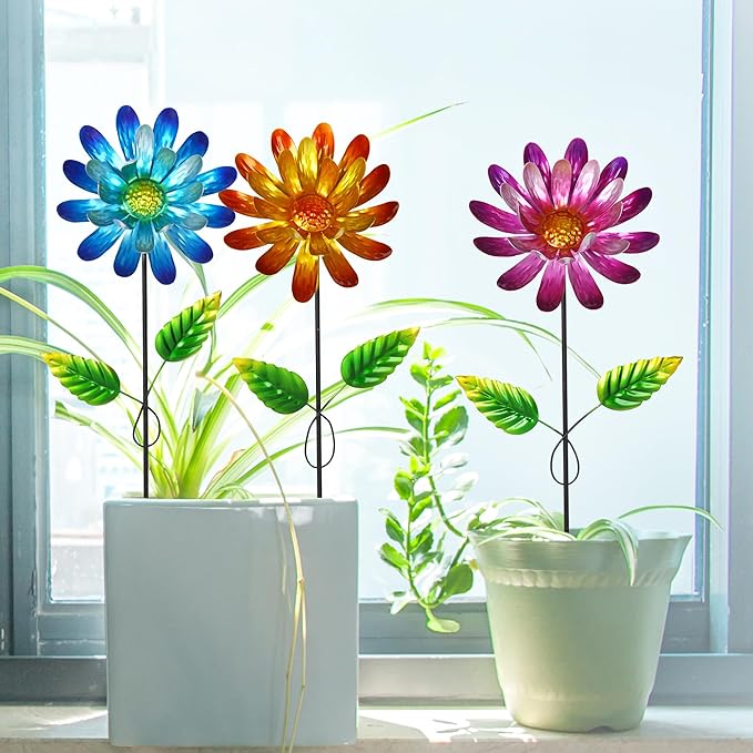 Metal Flower Garden Stake for Outside, 3 Pcs 16" H Outdoor Garden Stakes Decor, Yard Outdoor Ornaments for Patio, Lawn, Patio(Yellow & Purple & Blue)