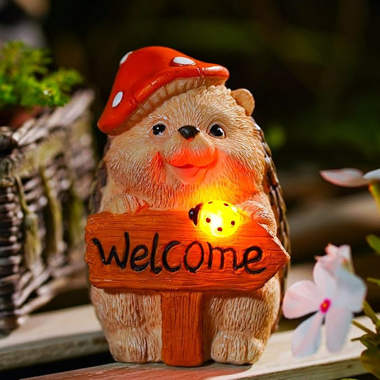 Garden Hedgehog Welcome Sign Statue with Mushroom Hat, Solar LED Ladybug Light, Outdoor Decorative Figurine 4.6in, Housewarming Gift for Patio,Yard,Lawn Ornament
