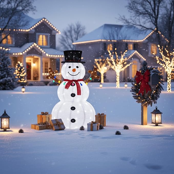 Christmas Decor Snowman, 5 ft Prelit White Christmas Decorations Snowman Ornaments with Magic Hat Multicolored Lights for Christmas Holiday Party Yard, Garden, Porch, Lawn, Red