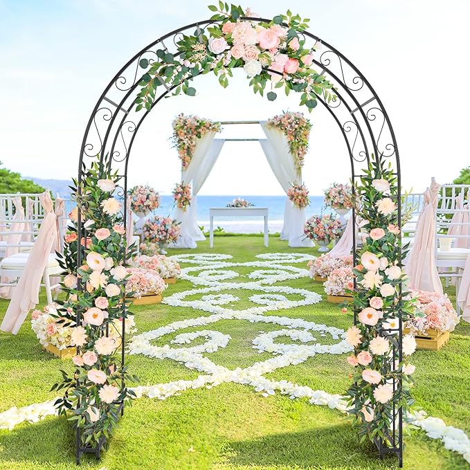 7FT Metal Garden Arch Trellis, Heavy Duty Metal Garden Arbor with Stakes for Climbing Plants Outdoor Patio, Double-Layered Trellis Arch for Wedding Ceremony Party, 59" x 84", Black, 13mm