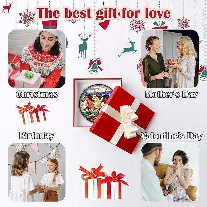 Stained Glass Window Hanging, Galloping Horses Sun Catcher for Door Home Decor Colorful Suncatcher Christmas Mother's Day Birthday Gifts for Women Men Mom and Nana 7.8 in