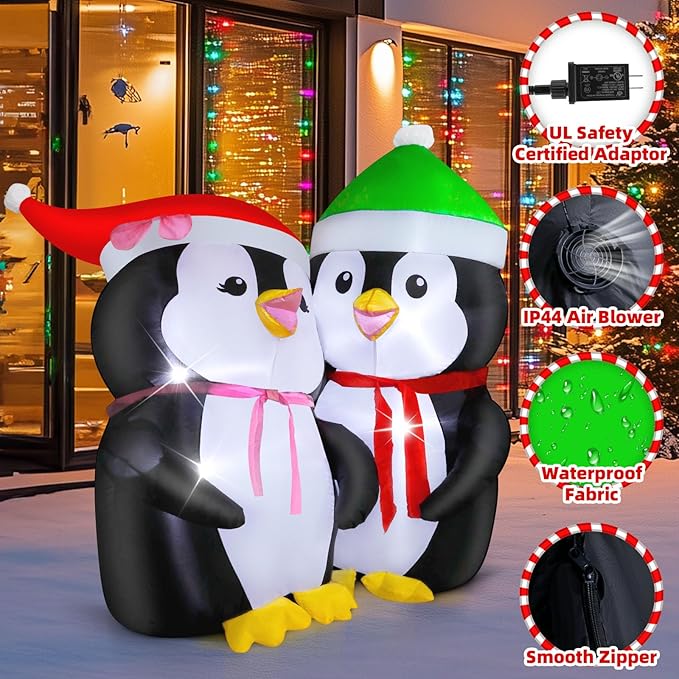 Christmas Inflatables Outdoor Decorations, with Rotating Colored Light+LED Lights, Large Blow Up Yard Decor,Christmas Party Outdoor, Yard, Garden, Lawn Winter (5FT Lovers Penguins)