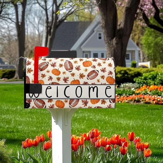 Fall Football Mailbox Cover Welcome Autumn Mailbox Covers Magnetic Standard Size 21x18 inch Pumpkin Maple Leaf Mail Box Wrap for Outside Garden