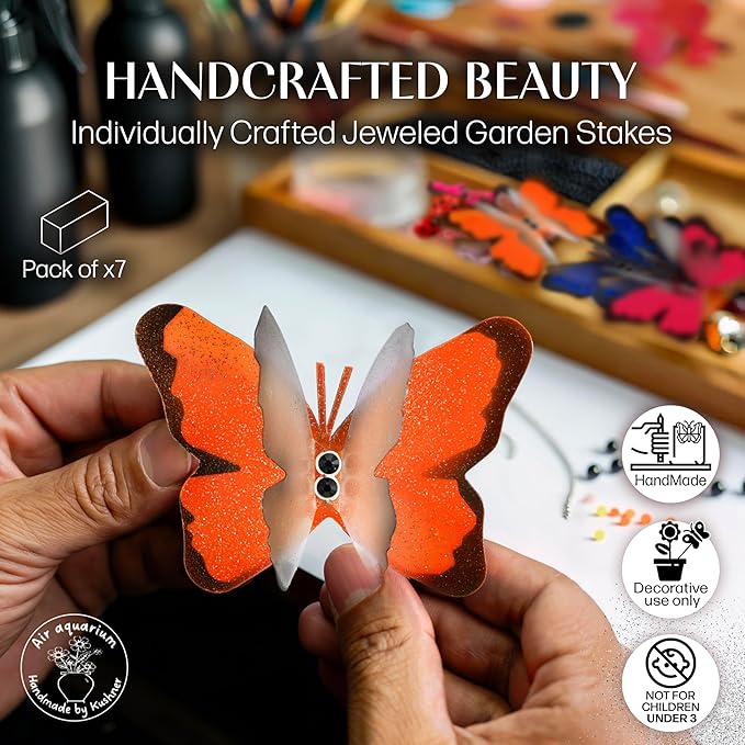 Handmade Orange Butterfly Garden Stakes Set of 7 - Decorative Outdoor & Indoor Plant Decor - Nature Lover Gift Idea by Air Aquarium Kushner