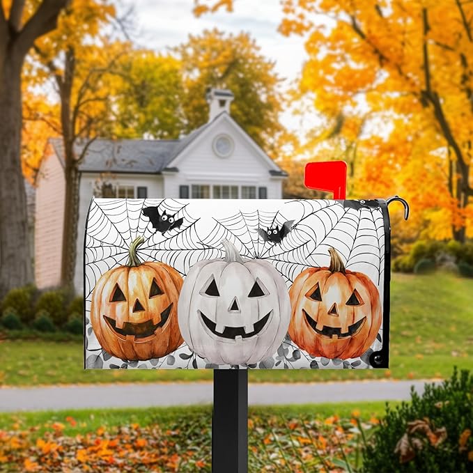 Halloween Pumpkin Mailbox Covers Bat Spider Web Mail Box Cover Magnetic Standard Size 21x18 inch Fall Autumn Post Letter Box Cover Outdoor Decor for Garden Eucalyptus Leaf