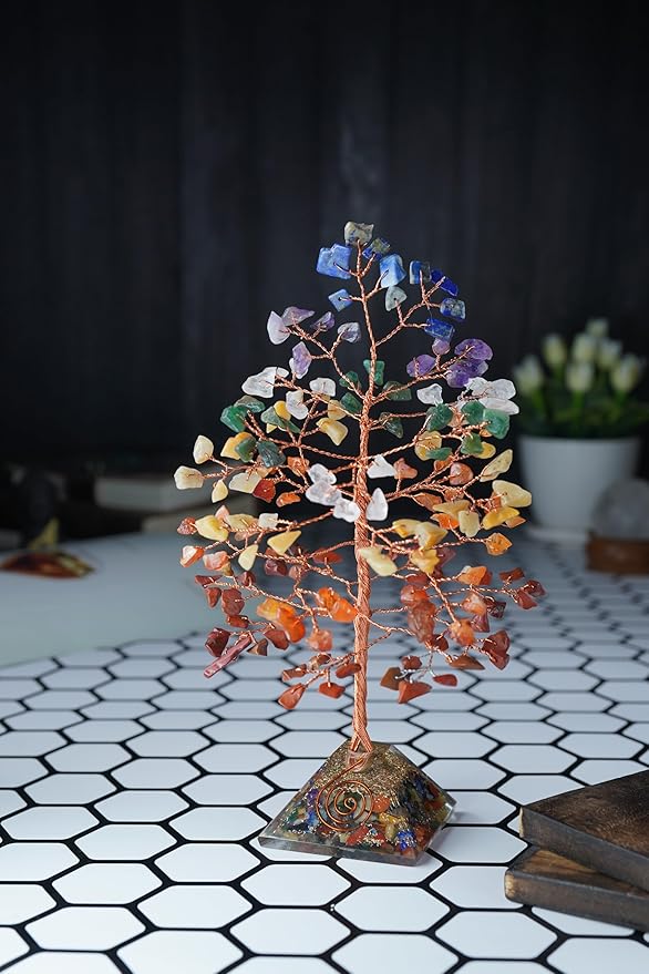 7 Chakra Crystal Tree with Orgone Pyramid Base Spiritual Desk Decor Healing Crystals Bonsai Tree Gifts for Women Office & Shelf Home Room Decor for Mom Sister Girlfriend Present Housewarming