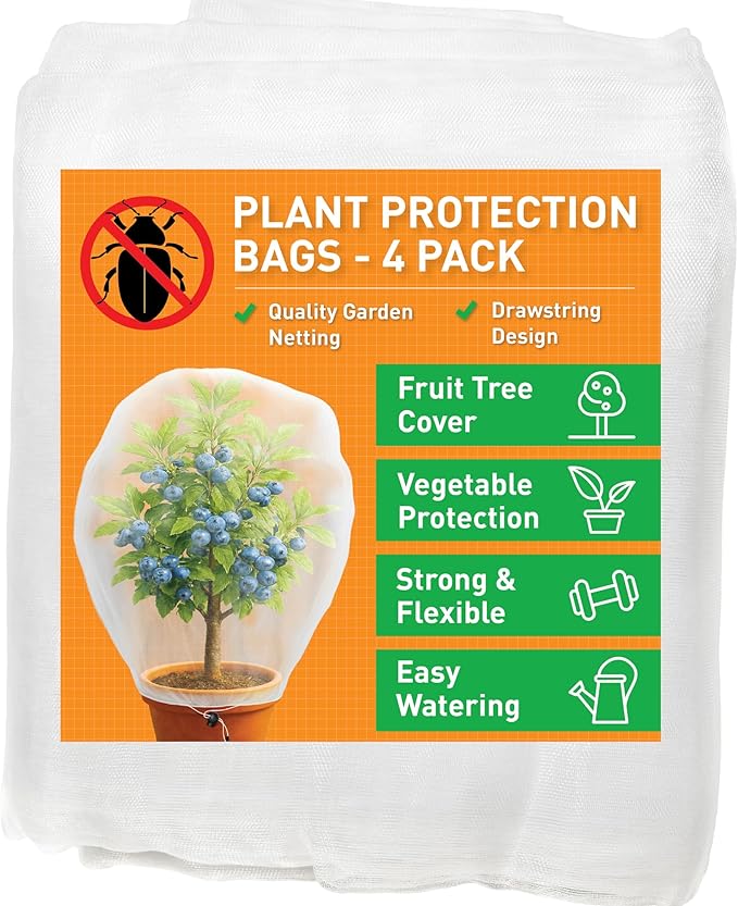 Fruit Tree Protection Bags 4x4.5 FT in 4 Pack | Multiple Size Garden Netting for Fruit & Vegetable Protection | White Plant Net Cover for Blueberry & Tomato | Bird & Insect Mesh Fabric Protector