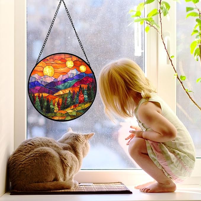 Stained Glass Window Hanging, Sunset Abstract Sun Catchers Colorful Glass Panel Landscape Suncatcher Decor for Birthday for Women, Men, Wife, Aunt, and Mom 11.8x11.8 in