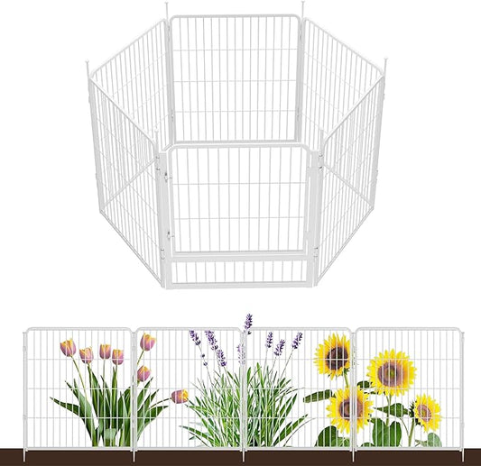 SunsGrove Garden Fence with Gate, 32 in(H) x 13.4 ft(L) 6 Panels Heavy Duty Metal Animal Barrier Fence for Yard, Suitable for Indoor or Outdoor Dog Pet Fence, Garden Fence Border, White
