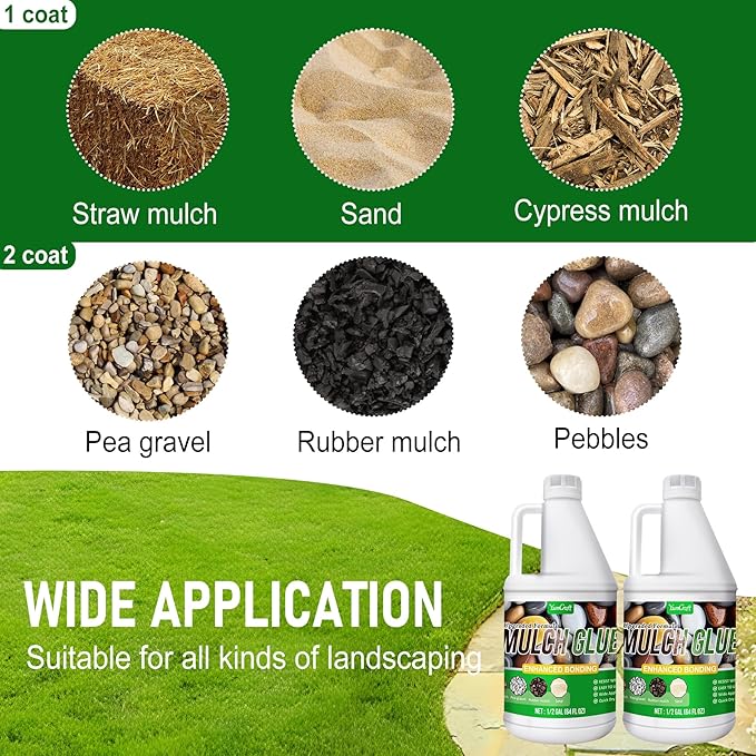 Mulch Glue - 1 Gallon Mulch Adhesive Pea Gravel Binder for Landscaping, Garden - Concentrate Landscape Rock Glue Mulch Stabilizer, Last up to 2 Years, Gravel Glue & Lock for Bonding Bark, Sand