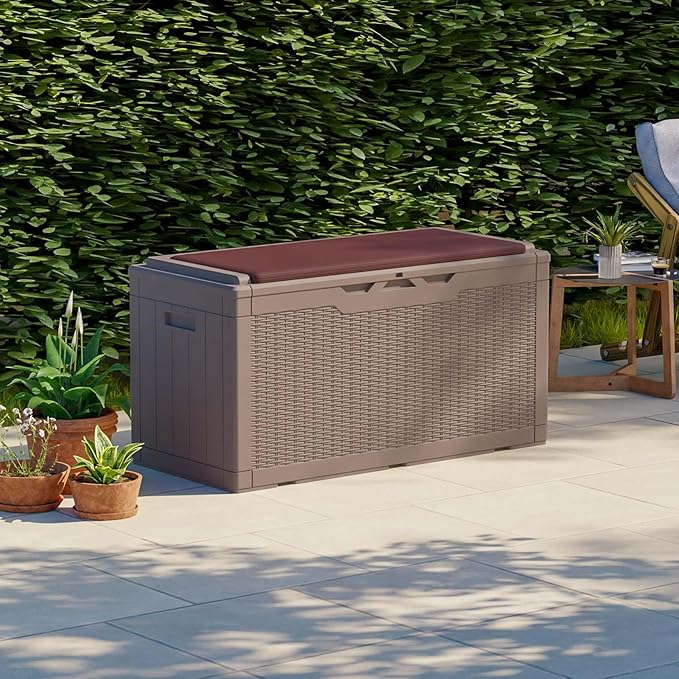 Patiolife 100 Gallon Resin Deck Box with Cushion, Large Outdoor Storage Box for Garden Tools, Pool Supplies, Waterproof and Lockable, Dark Brown
