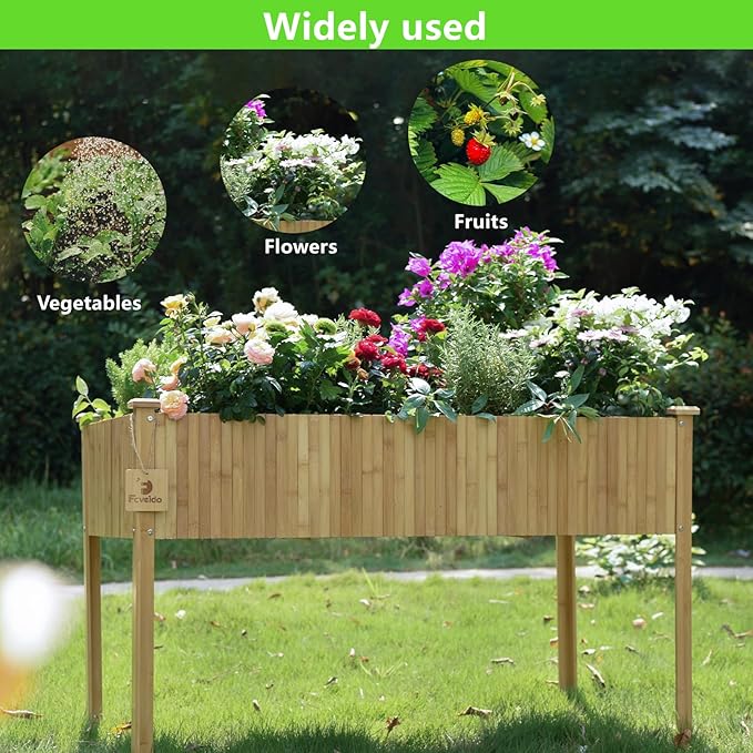 Bamboo Raised Garden Bed, Planter Boxes Outdoor, Garden Boxes Outdoor Raised. Standing Growing Bed for Growing Fresh Herbs, Vegetables, Succulents, Flowers (48x25x30 Inch)