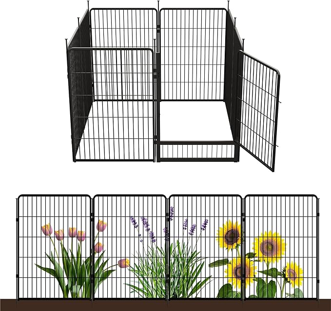 SunsGrove Tall Garden Fence with Gate, 40 in(H) x 17.8 ft(L) 8 Panels Heavy Duty Metal Animal Barrier Fence for Yard, Suitable for Indoor or Outdoor Dog Pet Fence, Garden Fence Border, Black