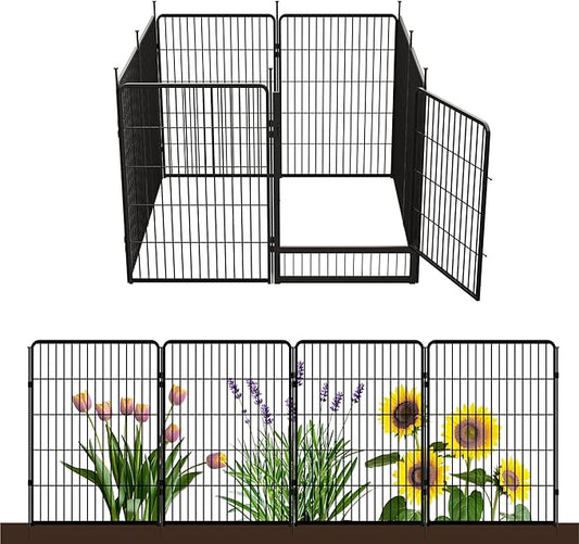 SunsGrove Tall Garden Fence with Gate, 40 in(H) x 17.8 ft(L) 8 Panels Heavy Duty Metal Animal Barrier Fence for Yard, Suitable for Indoor or Outdoor Dog Pet Fence, Garden Fence Border, Black