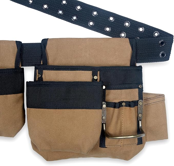 Style n Craft 4-Piece and 12-Pocket Carpenter’s Tool Combo, Tool Belt with 2 Tool Pouches, 1 Tape Measure Pocket, and 2 Metal Hammer Holders, Waterproof Canvas Tool Belt, Brown (97425)