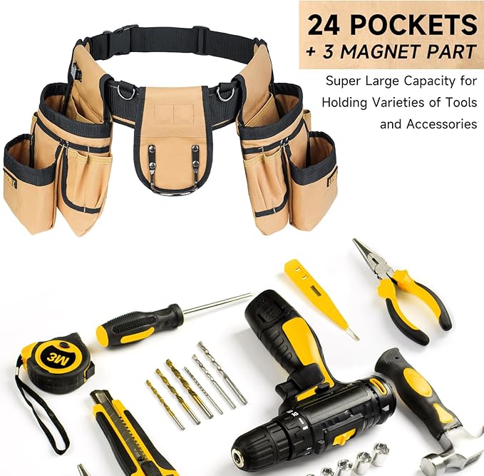 Tool Belt with Suspenders,27-Pockets Heavy Duty Tool Belts for Men with Magnetic Tool Pouch,Detachable & Adjustable Work Belt Bag for Electrician,Carpenter,Construction,Utility Toolbelt,Black,Brown
