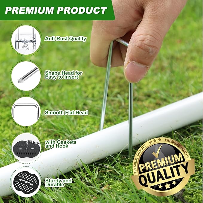 200pcs Garden Stakes Staples, 6 Inch 11 Gauge Landscape Staples + 200pcs Buffer Washer + 1 Pick Hook, U-Shaped Galvanized Landscape Pins, Tent Stakes for Weed Barrier Fabric Heavy Duty