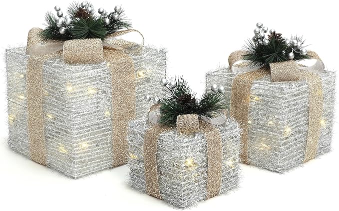 LuxenHome Set of 3 Lighted Gift Boxes, Battery Operated Silver Tinsel with Gold Ribbon Bow Boxes for Xmas, Lawn, Porch, Under Tree Indoor, Outdoor Christmas Decorations