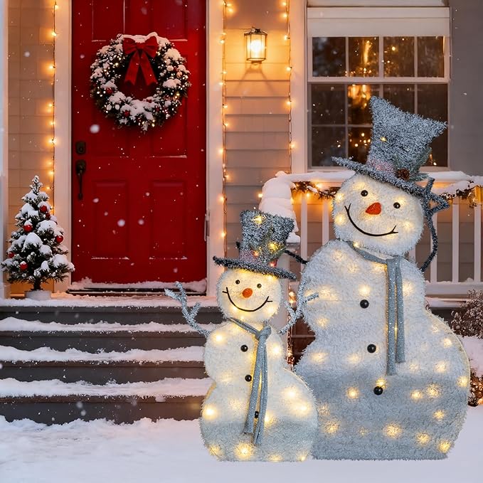 VINGLI 5ft Set of 2 Lighted Snowman Christmas Decorations, 2D Tinsel Snowmen with Top Hats, 80 Warm White LED Lights, Indoor Outdoor Xmas Yard Lawn Porch Holiday Decor