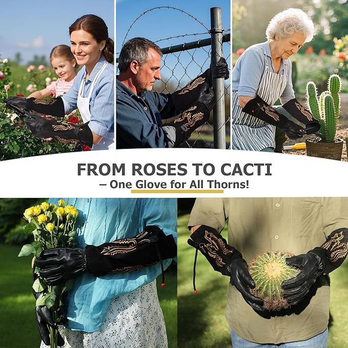 Gardening Gloves Thorn Proof for Rose Pruning & Cactus Trimming, Cowboy Long Leather Garden Gloves for Women & Men (Western Style, Small)