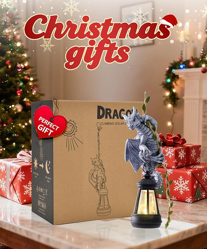 Nacome Dragon Outdoor Statues for Garden: Outside Hanging Climbing Sculptures with Lantern Decor for Yard Art Porch Balcony - Christmas Birthday Gifts for Grandma Mom Women