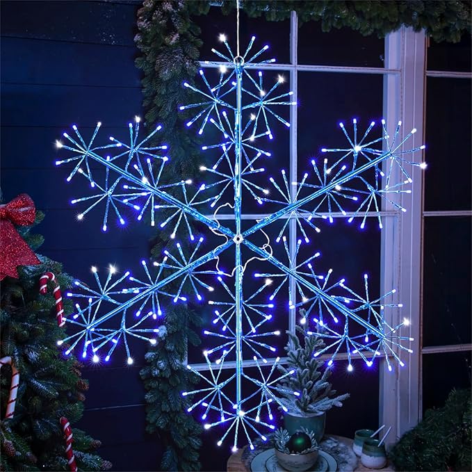 Hanging Christmas Snowflake Lights, 30’’ Large Blue Snowflake with 240 Blue LEDs Twinkle for Indoor Outdoor Decorations