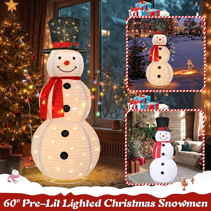 5 FT Lighted Christmas Snowmen Outdoor Decorations with 100 Warm White LED Lights Pre-lit 3D Glittered Snowmen for Lawn Yard Garden Yard Xmas Decor