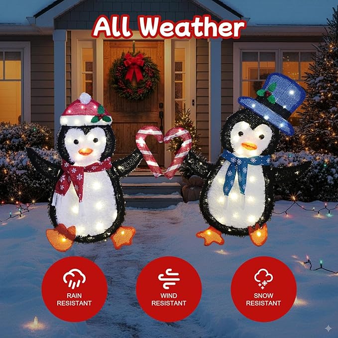 Christmas Decorations Penguin Heart String Lights 40L+40L - 30" 32" H Outdoor Fairy Lights with Transformer, 2M Plug-in Cord, Warm White - for Garden, Yard, Patio,