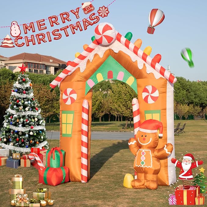 Hioasis 10 FT Christmas Inflatable Decorations - Archway with Gingerbread Man and Gift Box X-mas Outdoor Inflatables with LED Lights Built-in Perfect for Christmas Party&Holiday&Yard&Garden