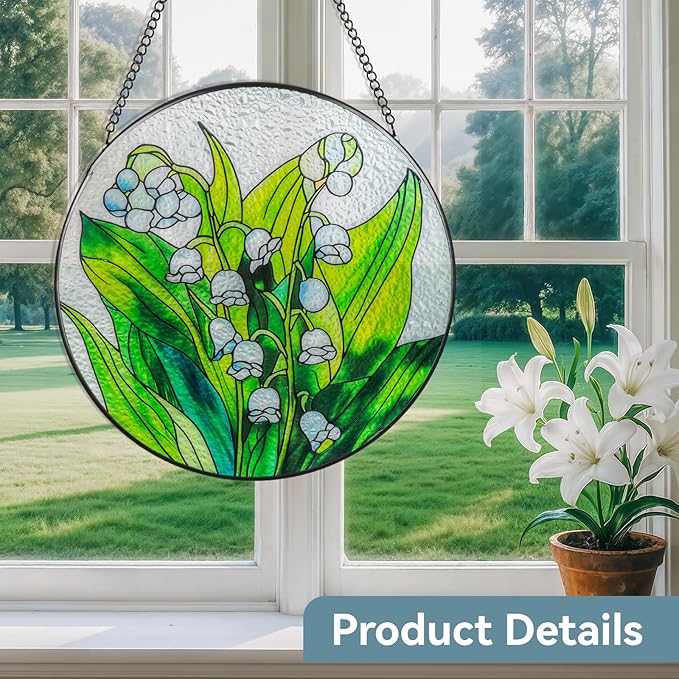 Suncatcher Stained Glass Window Hanging - Flowers Glass Panel with Metal Chain and Hooks Handmade Sun Catcher Decoration for Window Garden Home Christmas & Birthday Gifts (8 Inch)