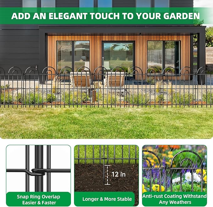 25 Panels Decorative Garden Fence, 32 in(H) X 50 ft(L) No Dig Dog Fence Outdoor for Yard, Rustproof Tall Metal Garden Fencing Animal Barrier with Ground Stakes, Temporary Fencing for Patio Outdoor