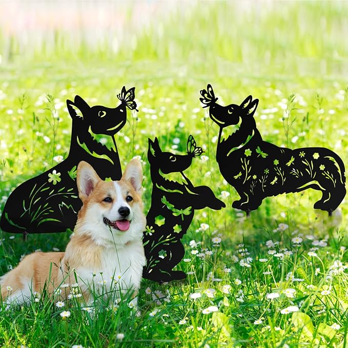 3 Pcs Metal Dog Garden Decor for Outside 12" Puppy Garden Stake Black Silhouette Statues Outdoor Decoration for Animal Lovers Gifts Women Men Patio Lawn Lawn Yard Art(Corgi)