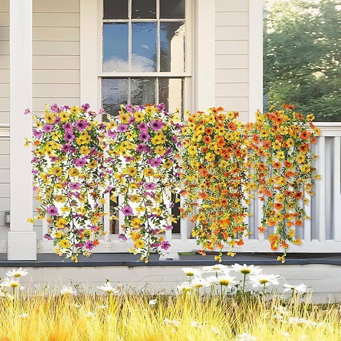 Artificial Faux Hanging Flowers Plants for Outdoor Decor 2 PCS Outside Fake Mums Violets with Eucalyptus UV Resistant Realistic Daisy Trailing Vines for Yard Balcony Porch Decor (Yellow Purple)