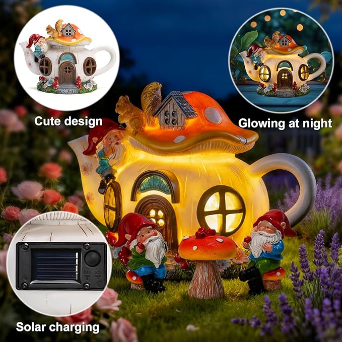 Solar Fairy Garden House Lights - Mushroom Teapot Gnome House Statue Set with 2 Mini Gnomes and 1 Mushroom Figurines, Outdoor Garden Decor, Gift for Gardeners and Moms (Set)