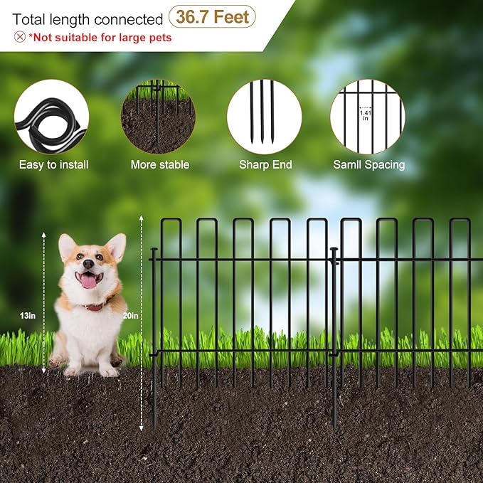 26 Panels No Dig Animal Barrier Fence, 13in(H) x 37ft(L) Garden Edging Border Fencing, Rustproof Metal Stakes Decorative Garden Fence, Dog Digging Defense Fencing Barrier for Outdoor, Yard, Patio