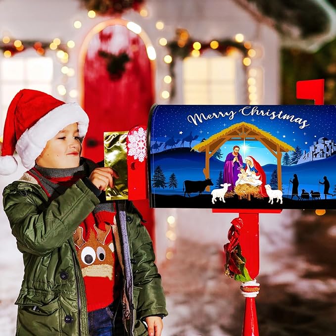 Blosssound Nativity Magnetic Mailbox Cover Merry Christmas Nativity Scene Mailbox Covers Decor Xmas Religious Blue Christmas Post Box Cover Standard Size 21 X18 Inch Garden Yard Outdoor Decoration