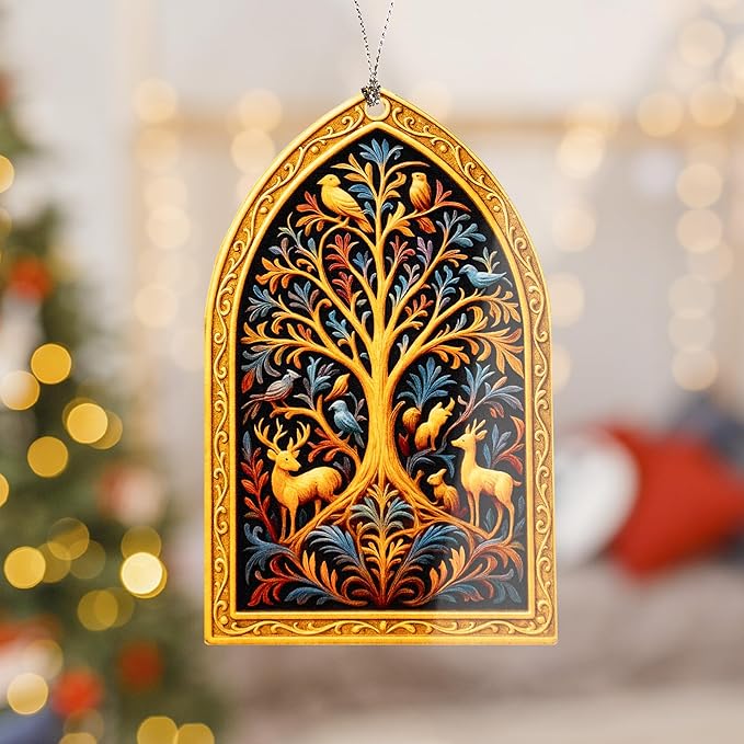 Tree of Life Ornament – Woodland Animals – Nature Forest Decor – Spiritual Symbol Gift – Holiday Card – Christmas Tree Ornament – Suncatcher Effect Stained Glass Window Hanging – Car Hanging