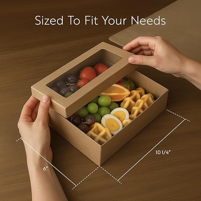 Restaurantware Cater Tek 10.2 x 6.1 x 3.2 Inch Catering Boxes 10 Insert Tab Lock Baked Goods Boxes - Window Lids Easy Assembly Kraft Paper Window Pastry Boxes For Charcuterie Or Cupcakes