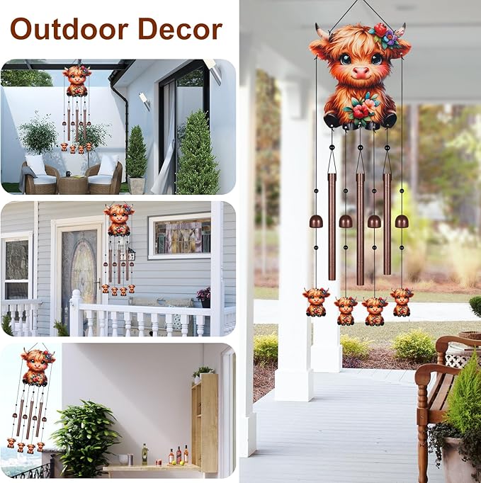 Metal Colorful Highland Cow Wind Chimes for Outside to Create a Zen Atmosphere Suitable for Outdoor Garden Patio Home Decor,Melodious Melodic Tones Suitable as A Birthday for Women Mom