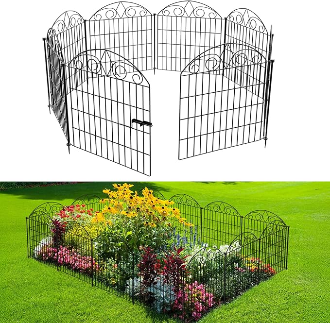 SUNLAX 10 Panels Garden Fence 20ft(L) x 24in(H) Metal No Dig Fence Animal Barrier for Dogs Temporary Fence for Backyard Outdoor Garden with Gate
