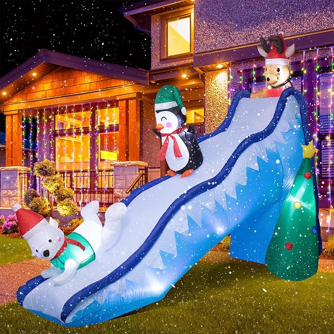 8.2 FT Tall Inflatable Christmas Decorations - Christmas Inflatables Outdoor Decorations, Penguin Holiday Spirit Inflatable Slide with LED Light Blow Up Yard Decorations