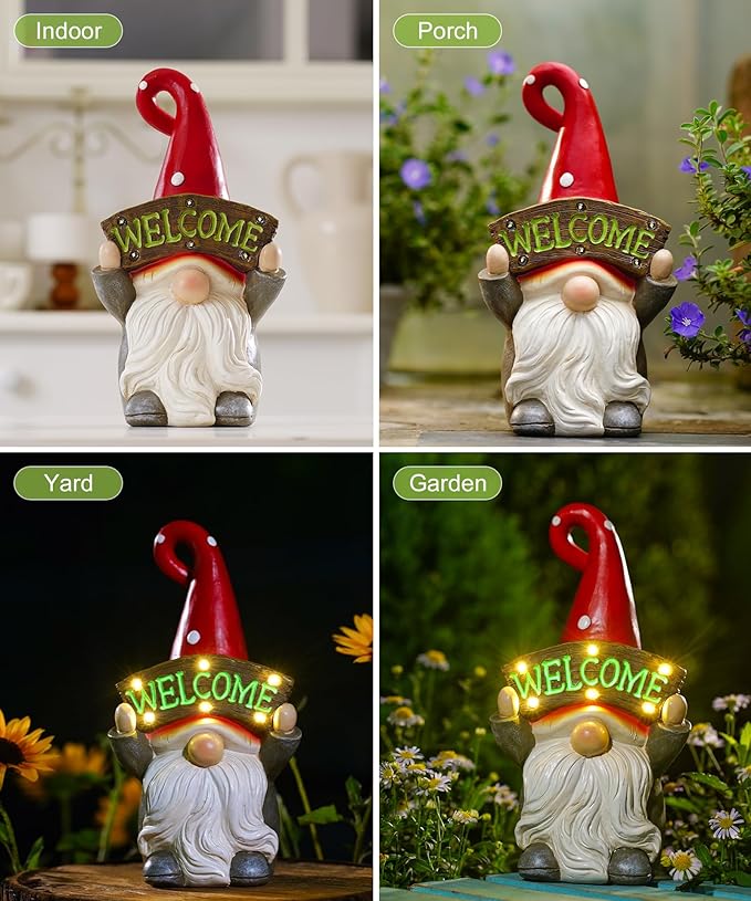 Nacome Solar Gnome Statue for Garden Decor: Outside Sculpture with Welcome Sign Clearance for Yard Art Lawn Ornaments Porch Patio Balcony - Birthday Gifts for Grandma Mom Women(Red)