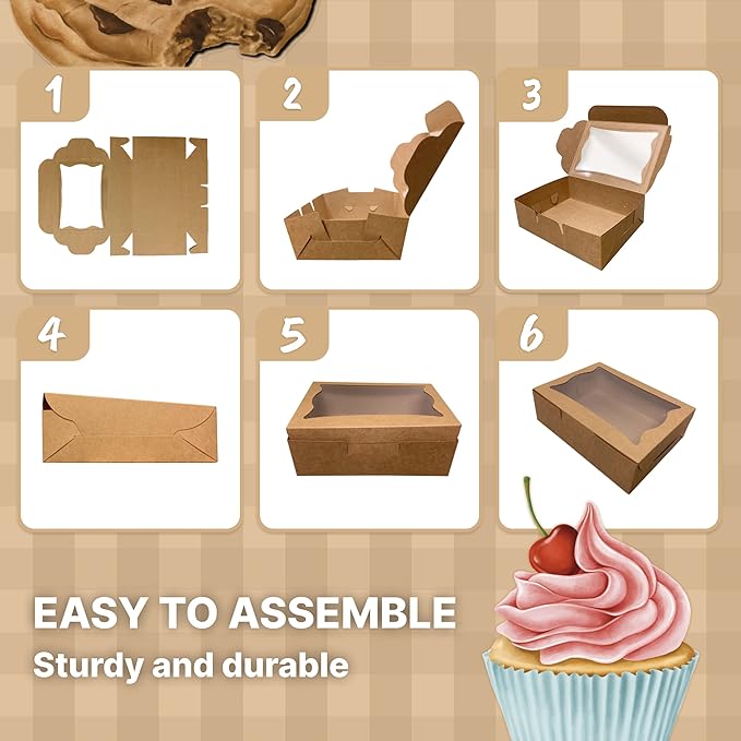 Bubbley Kraft Paper Bakery Boxes - 25-Pack Pastry Boxes with Window for Cookies, Chocolate Covered Strawberries, Macarons, and Muffins, Dessert Disposable Packaging, 8 x 6 x 2.5 Inches