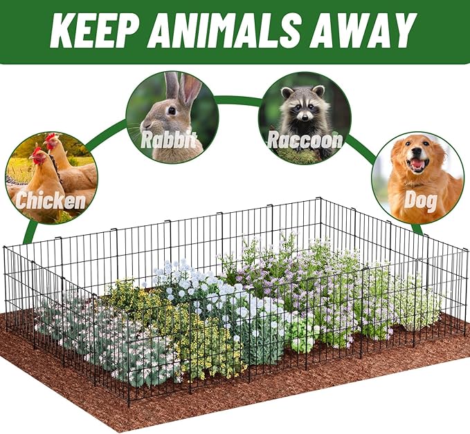 10 Panels Animal Barrier Fence - No Dig Rustproof Metal Garden Fence, 17in H x 10.8ft L, Decorative Outdoor Fence for Rabbits Dogs, Easy Install Fence for Flower Beds and Patios