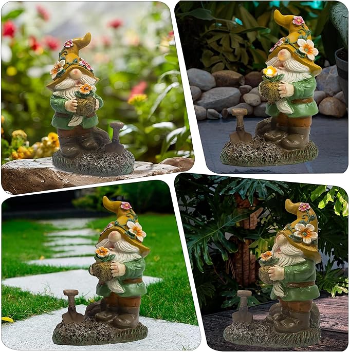 Garden Solar Gnomes Outdoor Statues with Flower Pot Gnome Outdoor Decor for Patio, Balcony, Lawn, Yard Ornament - Garden Gifts for Mothers Day, Housewarming, Festival