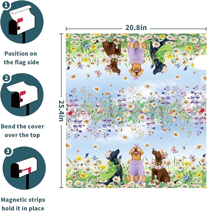 Spring Dog Mailbox Cover with Magnetic 25.5x21Inch Colorful Wildflower Butterfly Puppy Waterproof Mailbox Wrap Letter Post Cover Large Size for Garden Yard Outdoor Season Outside Decor