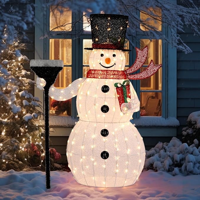 VINGLI 5FT Outdoor Snowman Christmas Decorations, Lighted Outdoor Snowman w/200 LED Lights, Tall Hat, Red Scarf, Ground Stakes, Zip Ties for Indoor, Yard, Outside Xmas Decor