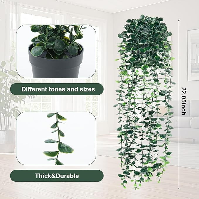 Artificial Hanging Eucalyptus Plants，Fake Plants Eucalyptus Small Decor Faux Hanging Vine Plants Wall Greenery for New Home Decoration，for Floating Shelf Indoor Outdoor Pack of 2
